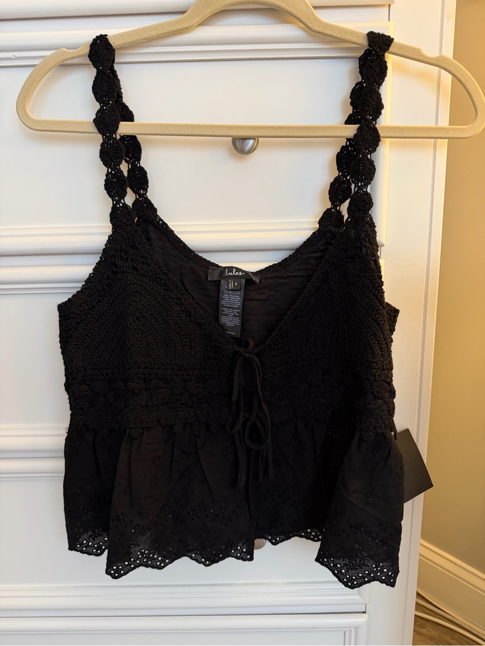 NWT Lulus Maddy Black Mixed Media Tie-Front Tank Top Size Small